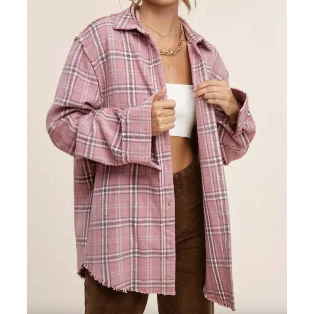 NEW LA MIEL plaid button down winter shacket shirt in pink